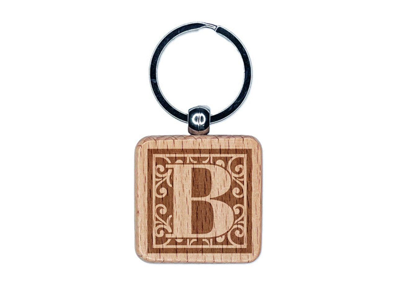 Monogram Swirls Capital Letter B Engraved Wood Square Keychain Tag Charm
